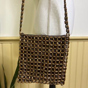 Vintage Style Wood Beaded Purse Brown Shoulder Bag Mid Century Boho Indie Sleaze